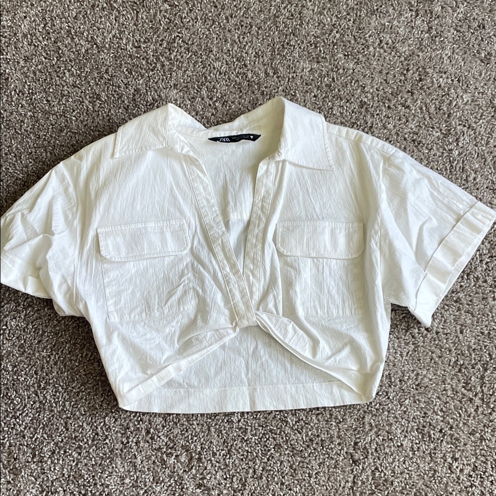 Zara White Cropped Button-Down Shirt